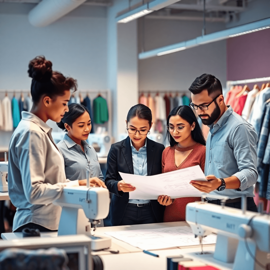 A diverse group of professionals collaborates in a modern clothing design studio, reviewing fabric swatches and sketches amidst sewing machines and colorful fabrics.