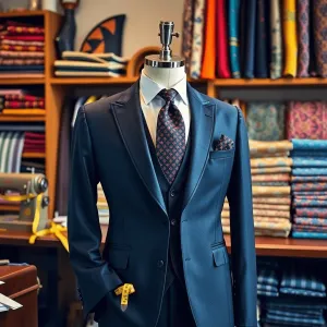 A stylish tailor's workspace with a sewing machine, measuring tape, vibrant fabric swatches, and a tailored suit on a mannequin, showcasing bespoke...