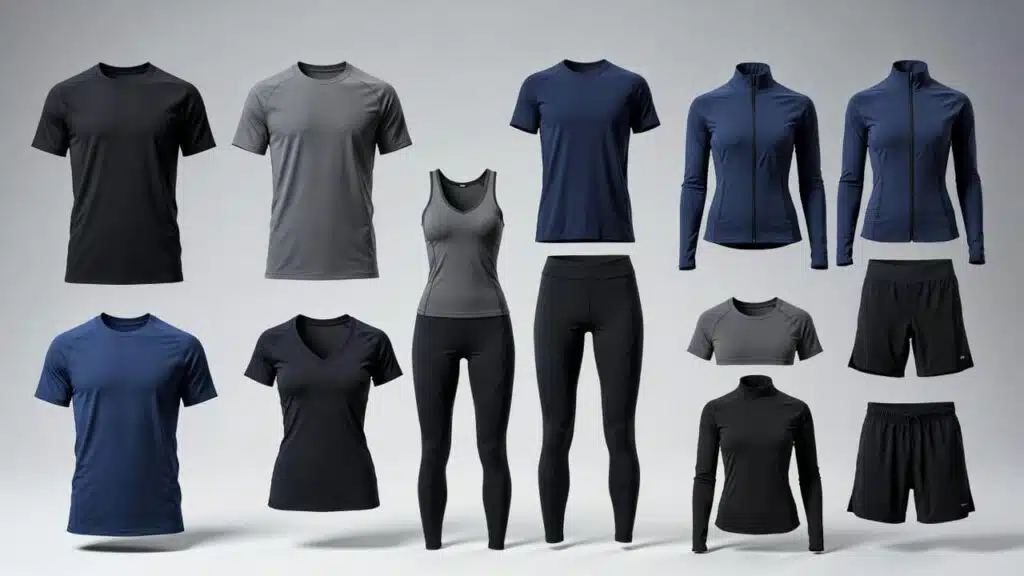 Collection of men’s and women’s activewear including T shirts, leggings, jackets, and shorts, showcasing versatile designs offered by a custom gym wear supplier.