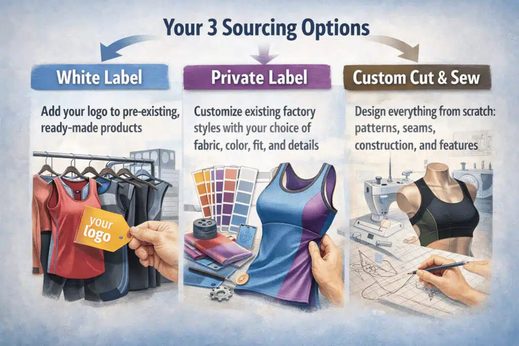 Infographic showing three gym wear sourcing options including white label, private label, and custom cut and sew services from a custom gym wear supplier.