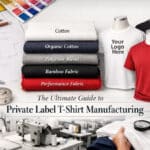 The ultimate guide to private label t shirt manufacturing featuring various fabric options like organic cotton, bamboo, and performance blends.