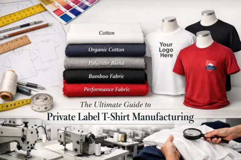 The ultimate guide to private label t shirt manufacturing featuring various fabric options like organic cotton, bamboo, and performance blends.